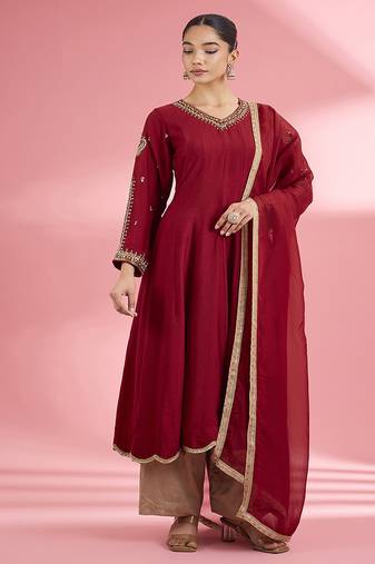 Maroon  katan silk hand embroidered kurta set