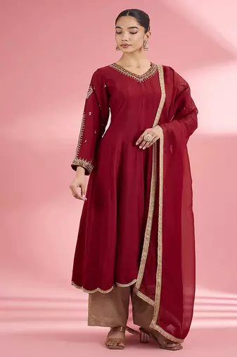 Maroon  katan silk hand embroidered kurta set
