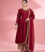 Maroon  katan silk hand embroidered kurta set
