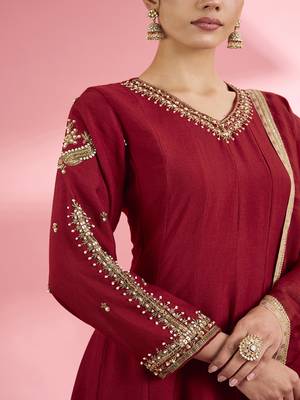 Maroon  katan silk hand embroidered kurta set 2