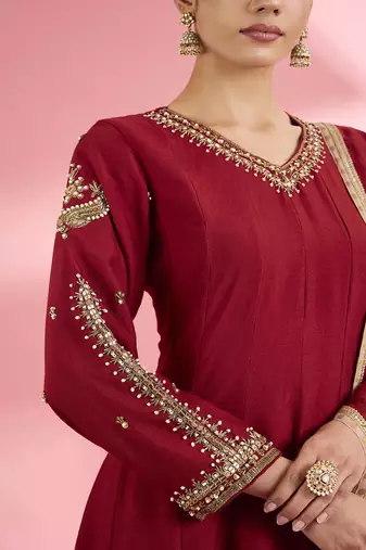 Maroon  katan silk hand embroidered kurta set