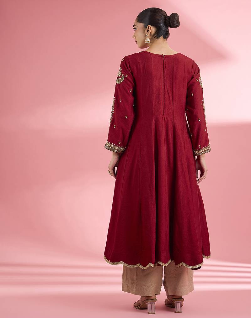 Maroon  katan silk hand embroidered kurta set