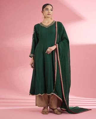 Dark green   katan silk hand embroidered kurta set 1