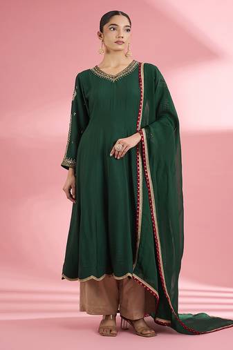 Dark green   katan silk hand embroidered kurta set