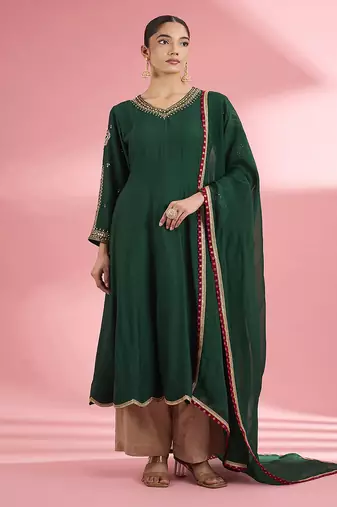 Dark green   katan silk hand embroidered kurta set
