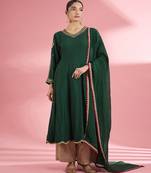 Dark green   katan silk hand embroidered kurta set
