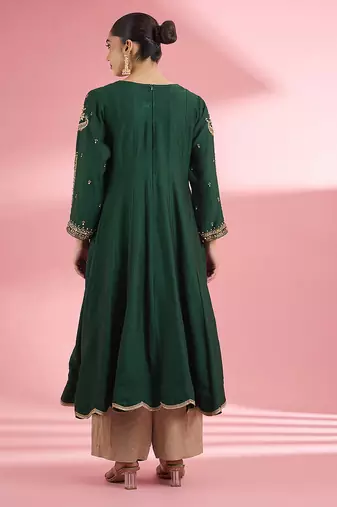 Dark green   katan silk hand embroidered kurta set