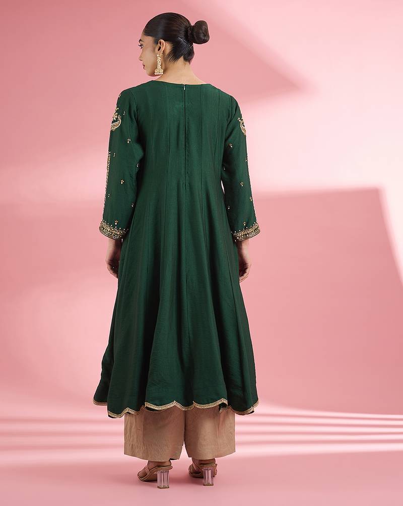 Dark green   katan silk hand embroidered kurta set
