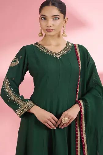 Dark green   katan silk hand embroidered kurta set