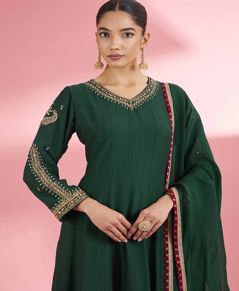 Dark green   katan silk hand embroidered kurta set