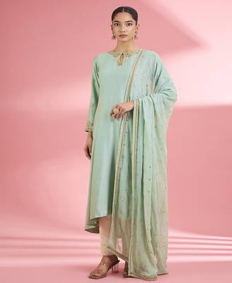Sea green katan silk handwork kurta set 1