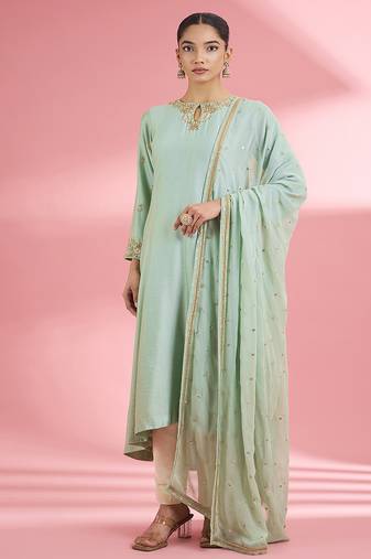 Sea green katan silk handwork kurta set