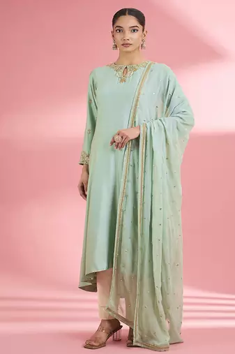 Sea green katan silk handwork kurta set