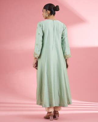 Sea green katan silk handwork kurta set 2