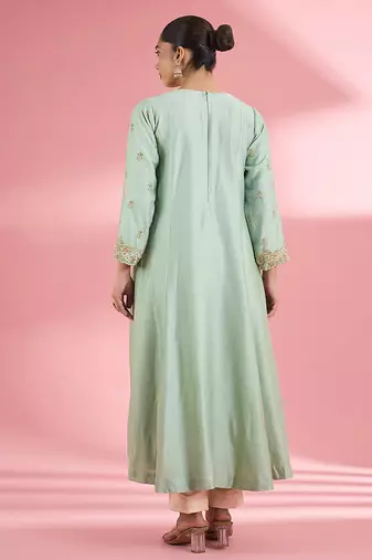 Sea green katan silk handwork kurta set