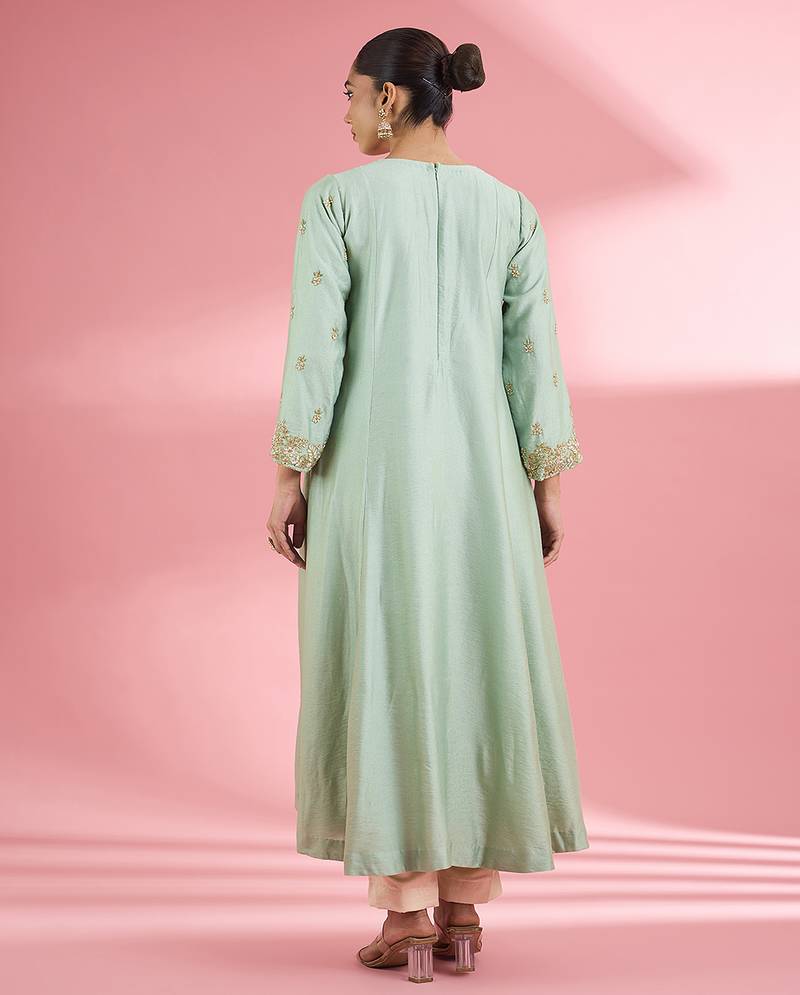 Sea green katan silk handwork kurta set
