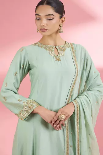 Sea green katan silk handwork kurta set