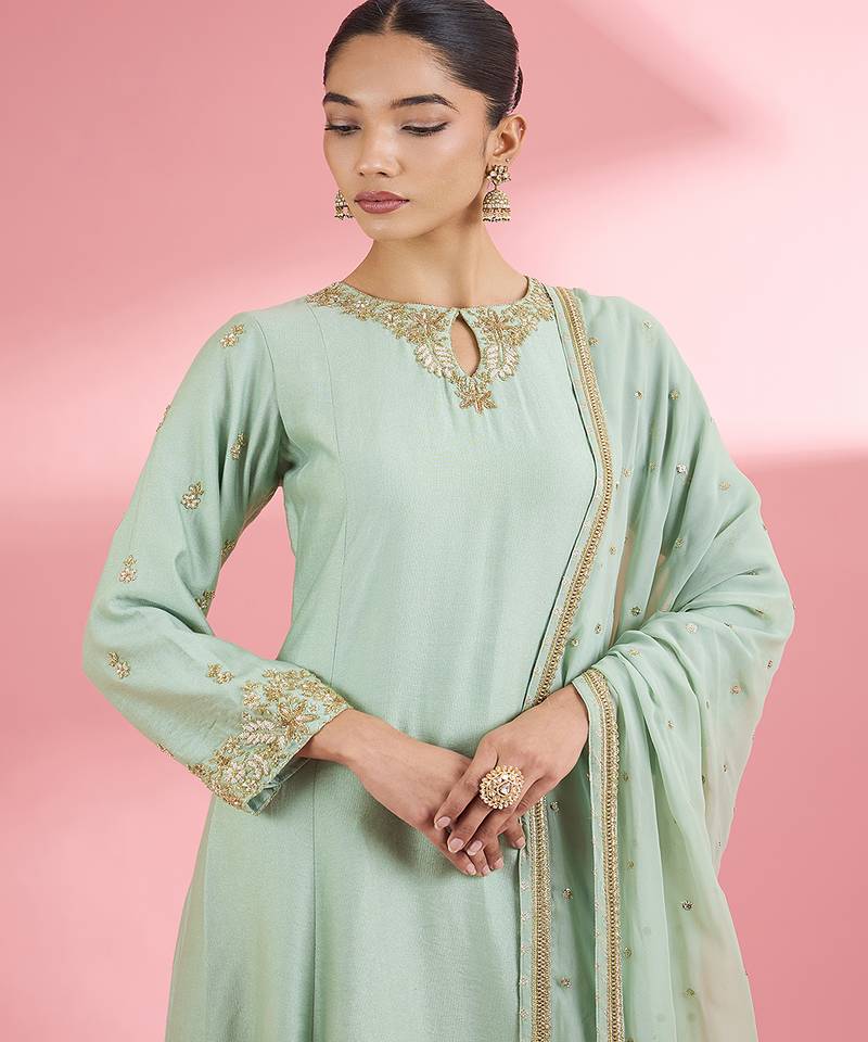 Sea green katan silk handwork kurta set