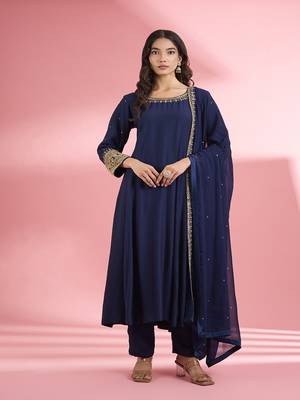 Dark blue katan silk hand embroidered kurta set 1