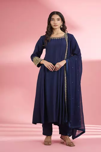 Dark blue katan silk hand embroidered kurta set