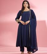 Dark blue katan silk hand embroidered kurta set