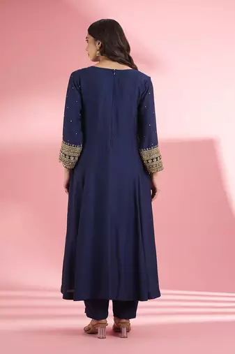 Dark blue katan silk hand embroidered kurta set