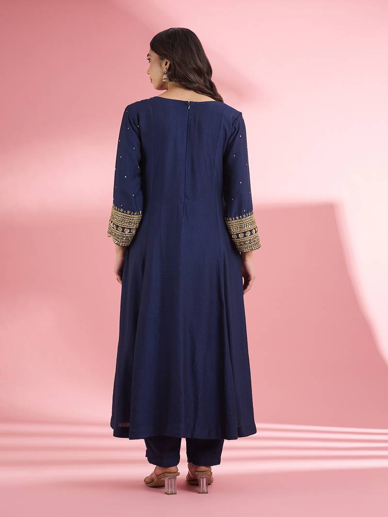 Dark blue katan silk hand embroidered kurta set