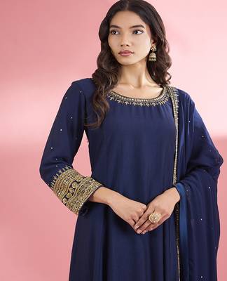 Dark blue katan silk hand embroidered kurta set 3