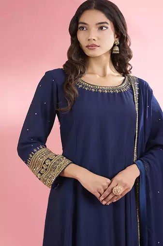 Dark blue katan silk hand embroidered kurta set