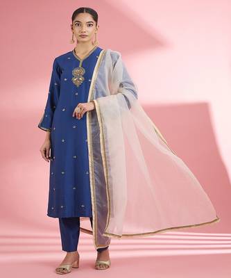 Blue katan silk hand embroidered kurta set 1