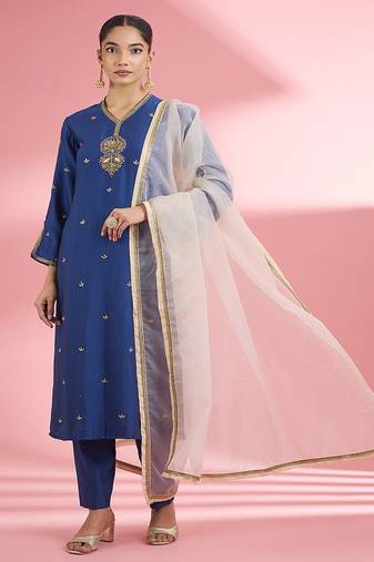 Blue katan silk hand embroidered kurta set