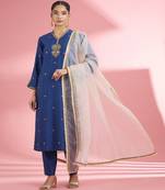 Blue katan silk hand embroidered kurta set