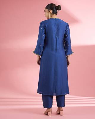 Blue katan silk hand embroidered kurta set 2