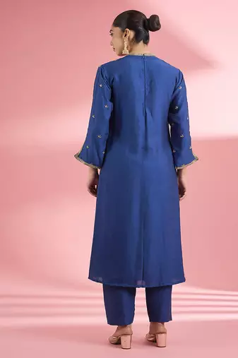 Blue katan silk hand embroidered kurta set