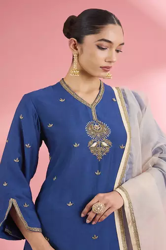 Blue katan silk hand embroidered kurta set