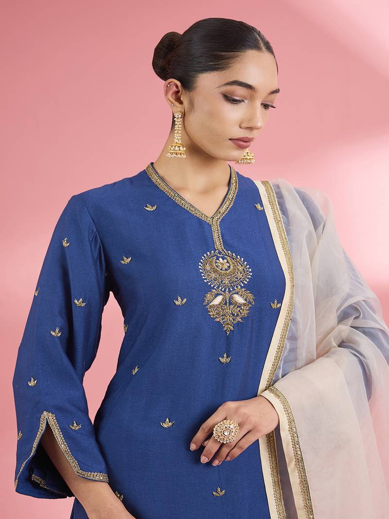 Blue katan silk hand embroidered kurta set