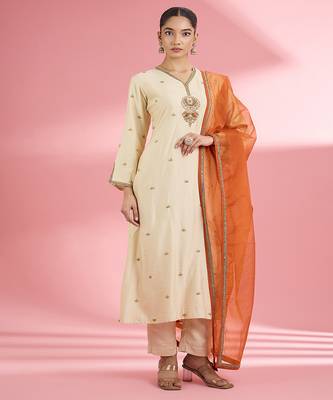 Light beige  katan silk hand embroidered kurta set 1