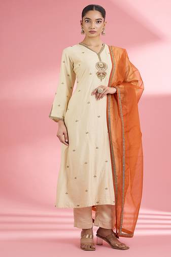 Light beige  katan silk hand embroidered kurta set