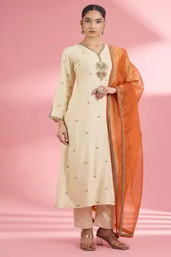 Light beige  katan silk hand embroidered kurta set