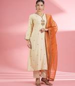 Light beige  katan silk hand embroidered kurta set
