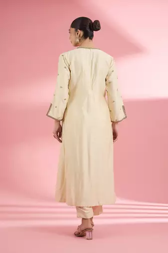 Light beige  katan silk hand embroidered kurta set