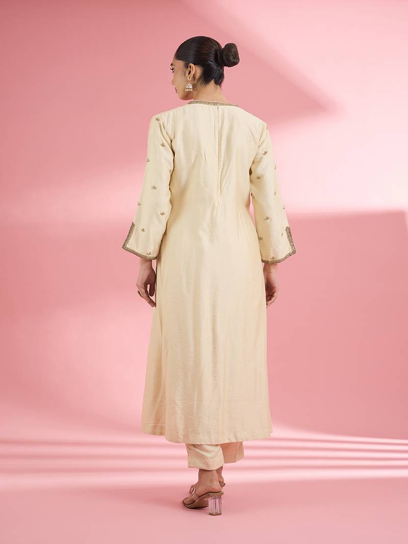 Light beige  katan silk hand embroidered kurta set
