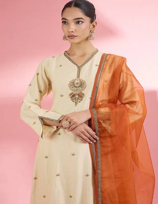 Light beige  katan silk hand embroidered kurta set 3
