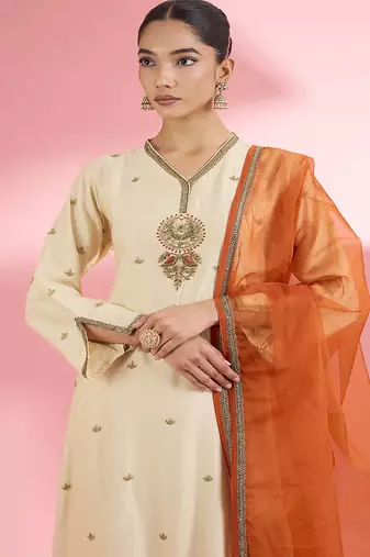 Light beige  katan silk hand embroidered kurta set