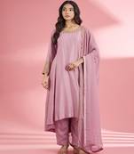 Pink  katan silk hand embroidered kurta set