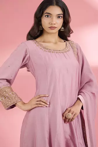 Pink  katan silk hand embroidered kurta set