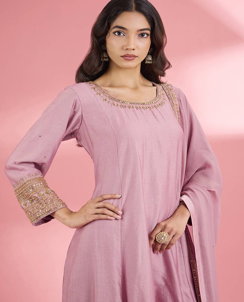 Pink  katan silk hand embroidered kurta set