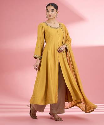 Mustard  katan silk anarkali pant  set with hand embroidery 1