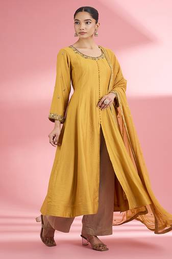 Mustard  katan silk anarkali pant  set with hand embroidery