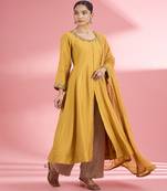 Mustard  katan silk anarkali pant  set with hand embroidery
